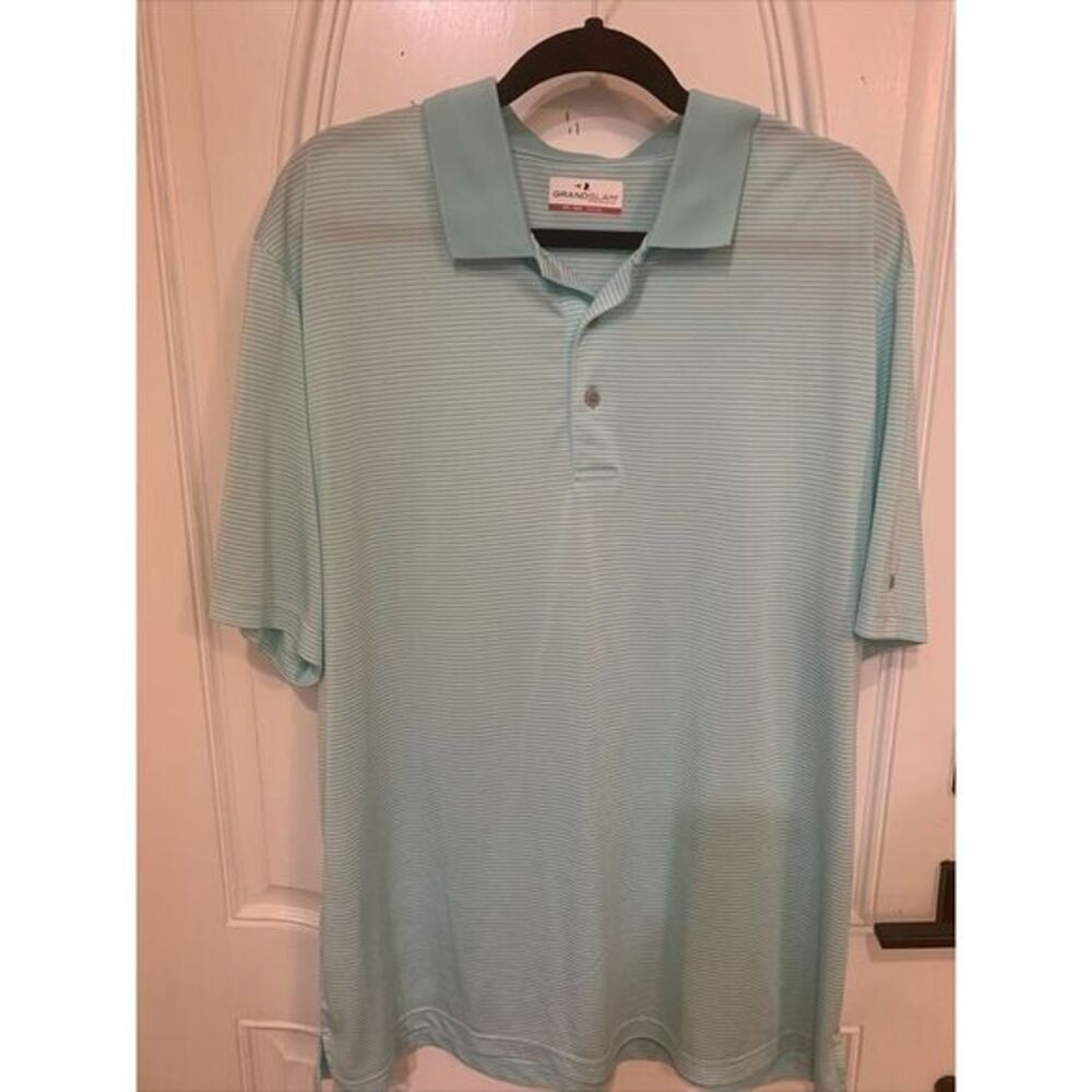 Grand Slam Teal Blue Striped Polo Short Sleeves Golf Shirt men's 2XL Striped - Picture 1 of 5